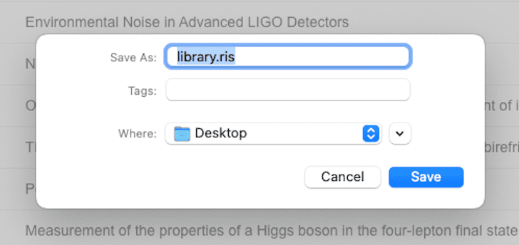 A macOS save dialog with “library.ris” in the “Save As” field and Desktop selected as the destination, above Cancel and Save buttons.